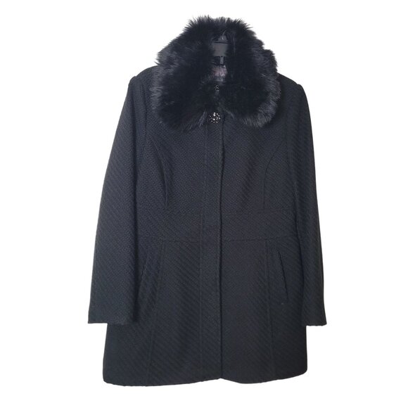Jessica Simpson Black Faux Fur Collar Textured Womens Coat L - Picture 3 of 16
